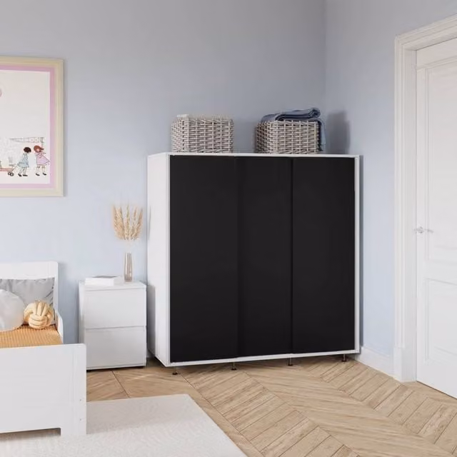 FORGEVIO Modern Wardrobe with Hanging Rail and Hinged Doors, White and Black – 1