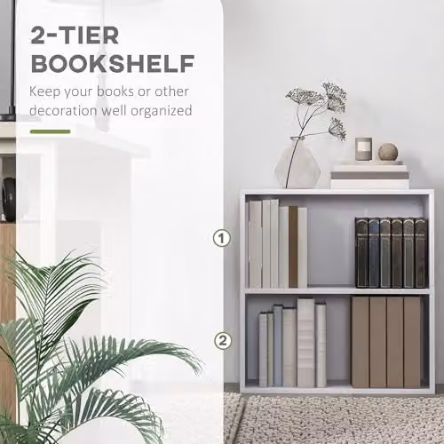 HOMCOM 2 Tier White Bookshelf with Adjustable Shelves and Back Panel – 3