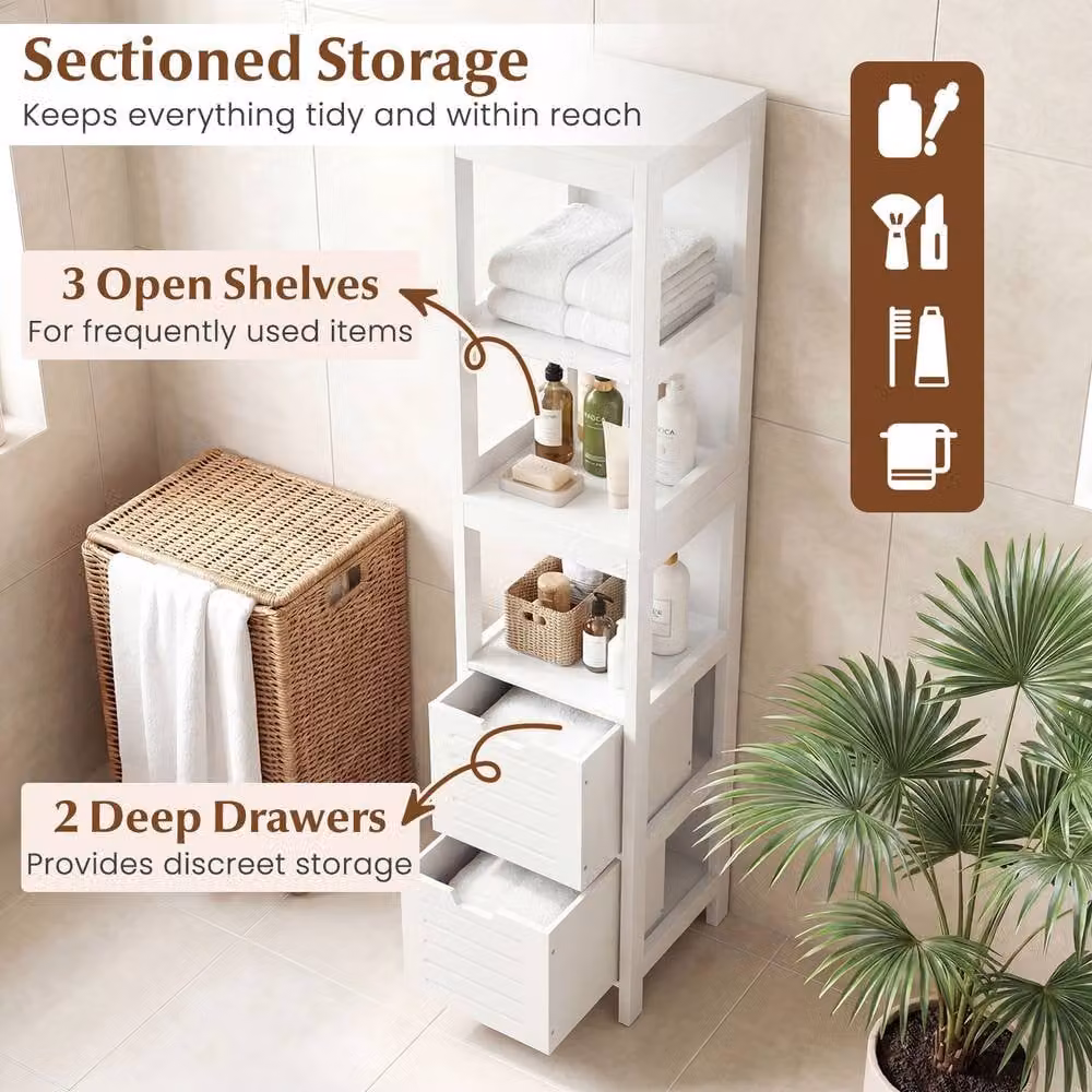 Costway White Narrow Freestanding Bathroom Storage Cabinet with 2 Drawers and 3 Shelves – 2