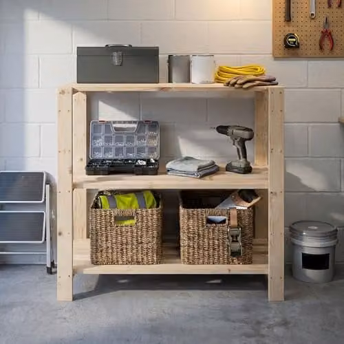Core Products 3-Shelf Heavy Duty Storage Unit with Worktop, Brown Pine Free-Standing Workbench, H 89 x W 89 x D 45.2 cm