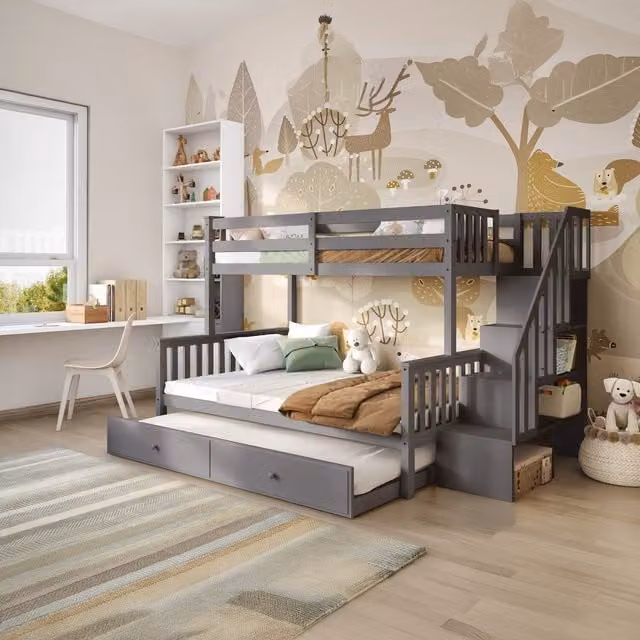 Flair Tag Triple Staircase Bunk Bed with Trundle and Drawers in Grey Wood