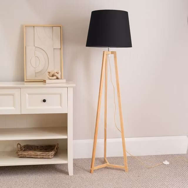 ValueLights Lottie Modern Floor Lamp with Wood Base and Black Fabric Cone Shade including LED Bulb