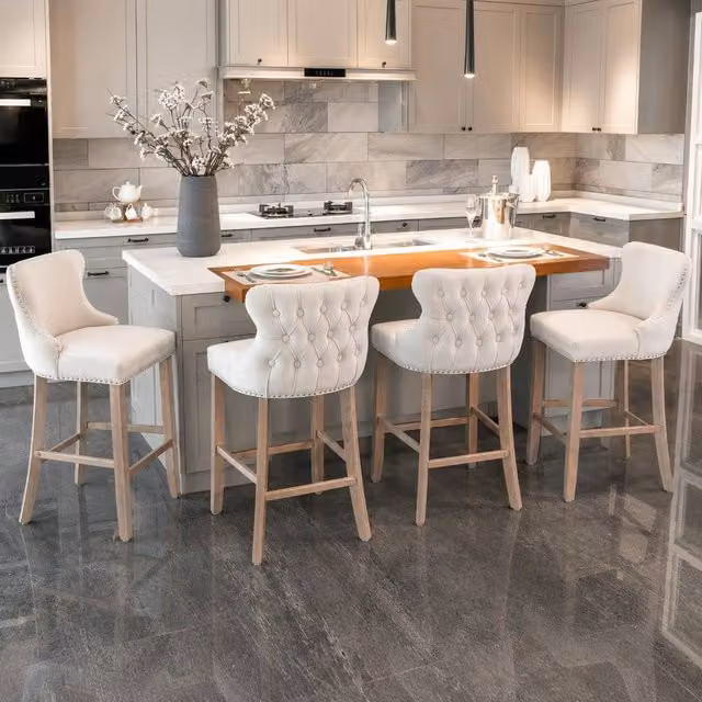 Modern Home Touch Set of 6 Beige Velvet Wing Back Bar Stools with Oak Wood Legs