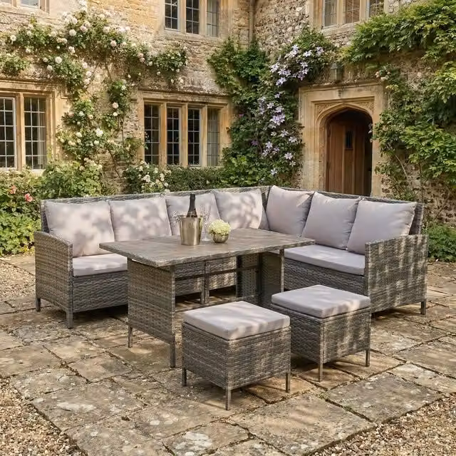 Home Garden Direct Thalia Modern Rattan Outdoor Corner Sofa Set with Grey and Beige Cushions