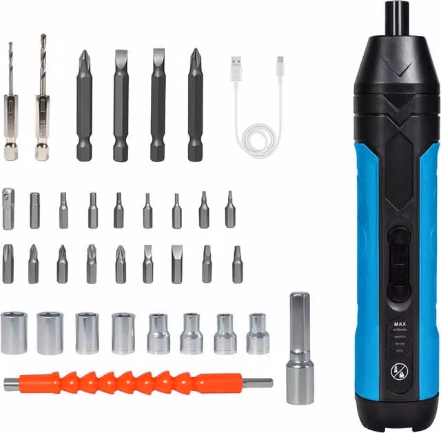 Traderight 37-Piece Cordless Screwdriver Set, 4V Rechargeable with 1500mAh Battery, 300RPM, Blue