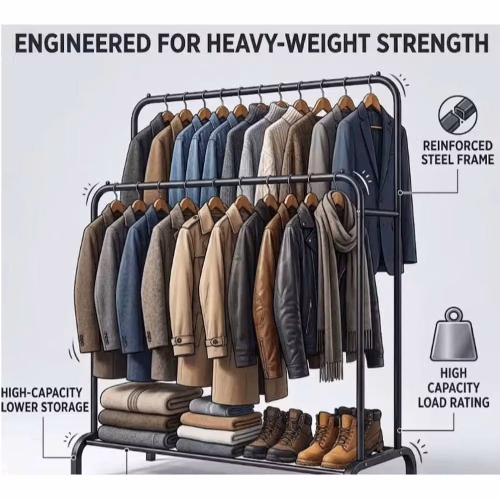 VOGREX Heavy Duty Double Metal Garment Rack with Shoe Storage in Black – 4