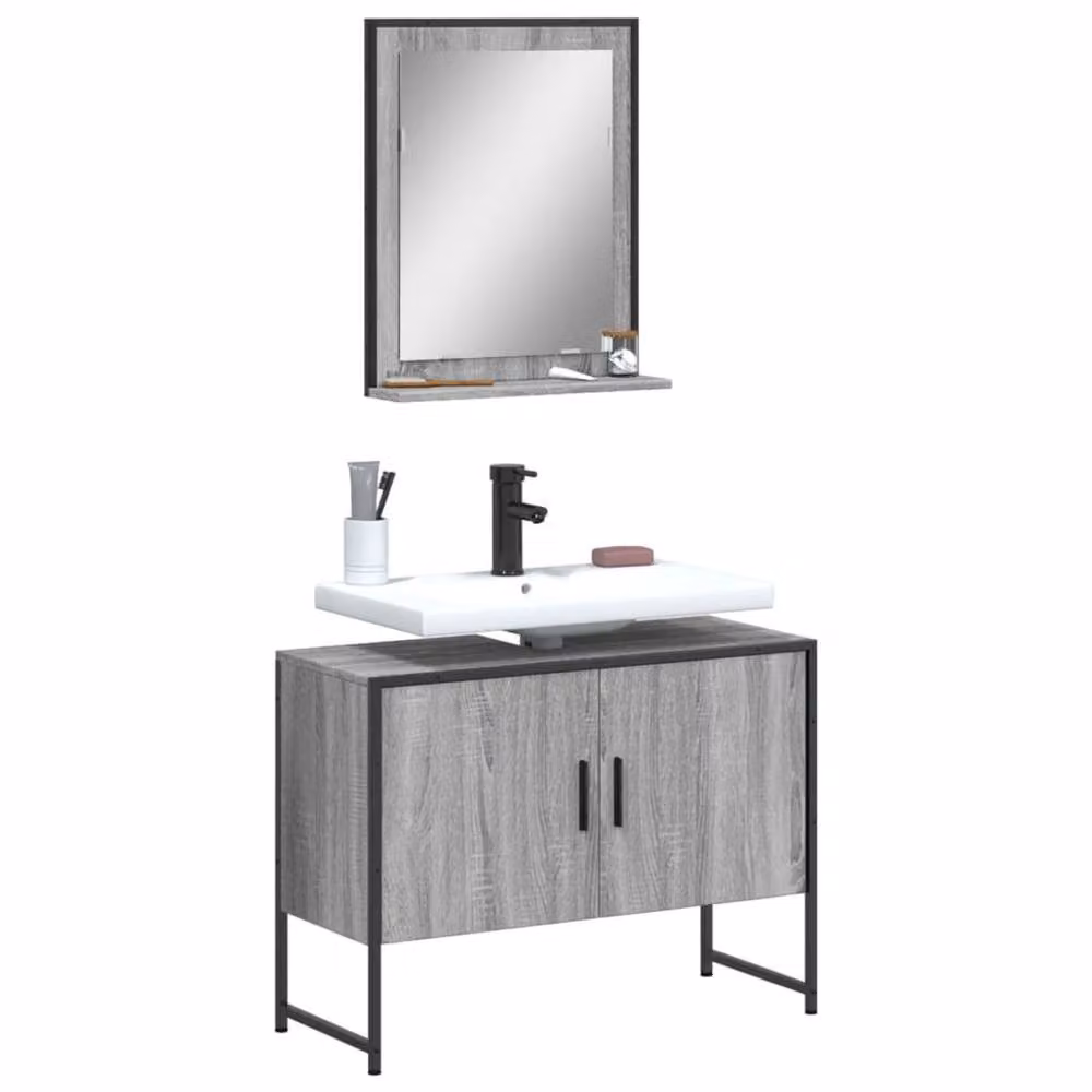 Berkfield Home Modern Grey 2 Piece Bathroom Cabinet Set with Vanity Unit and Mirror Cabinet – 2