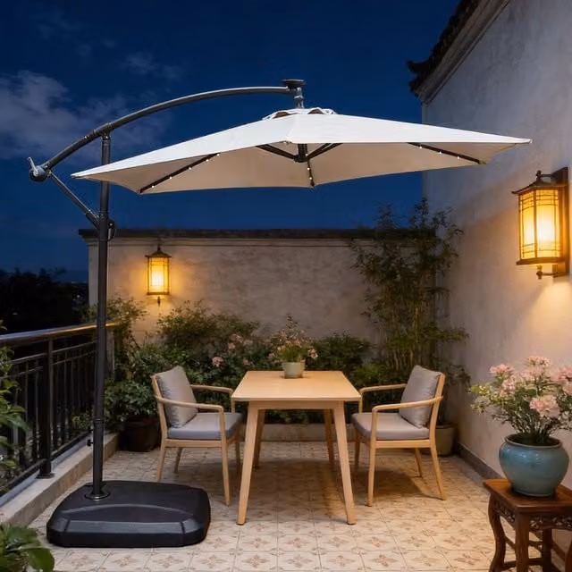Abrihome Solar LED Cantilever Patio Umbrella with 32 Lights, Beige