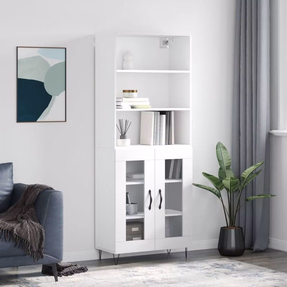 Berkfield Home Modern White Highboard with Glass Doors, W/D/H: 69.5 x 34 x 180 cm – 2
