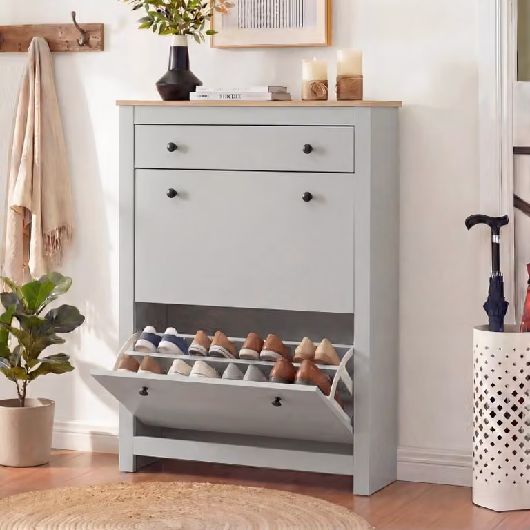 Modern Grey 2 Door Shoe Cabinet with Internal Drawers and Shelves for Hallway Storage