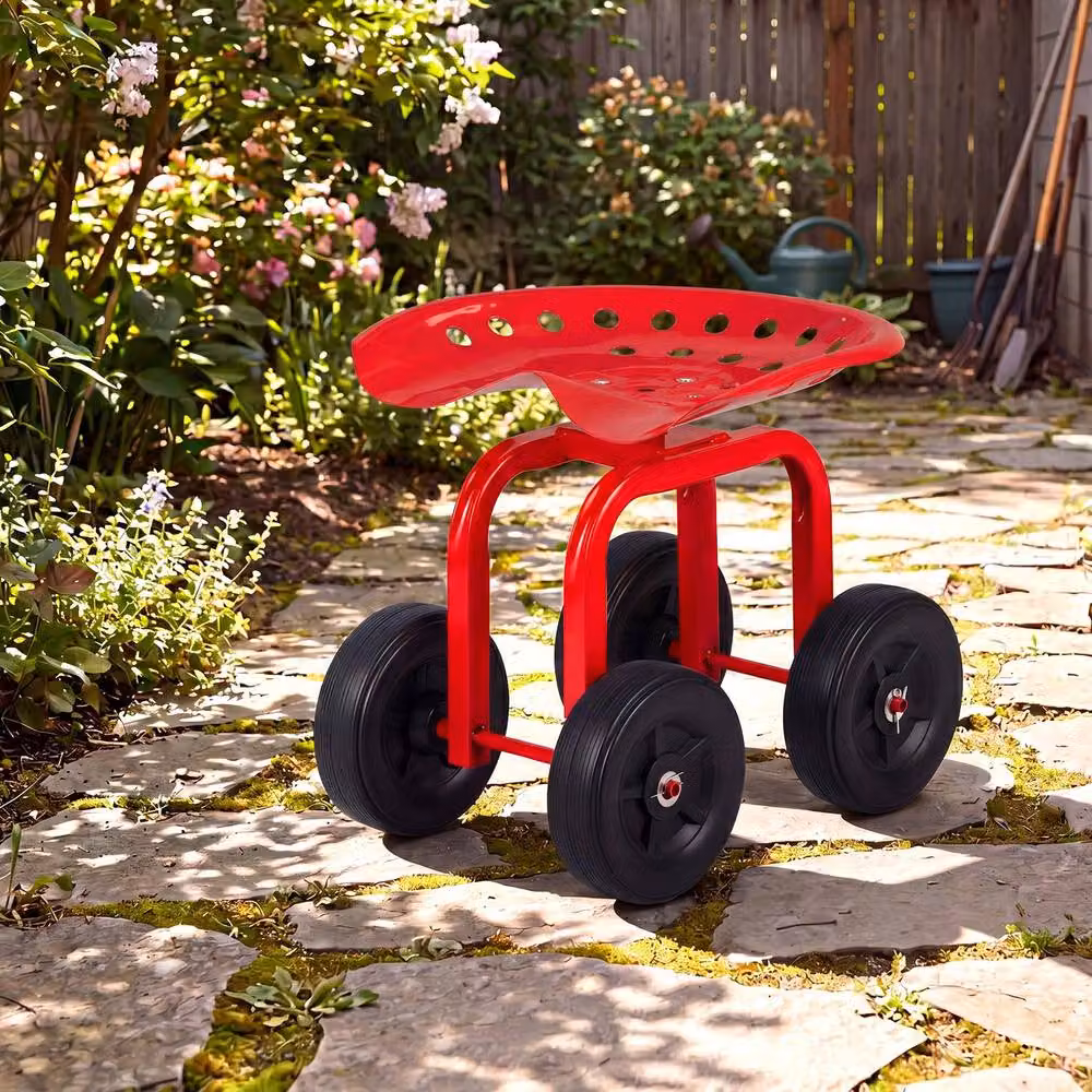 Costway Garden Cart Rolling Wagon Scooter with Height Adjustable Seat in Red – 5