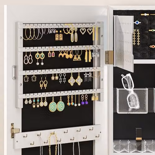 HOMCOM Modern Wall Mounted Jewellery Cabinet with Mirror, LED Lighting and Lock, White and Black, H 108 x W 37 x D 10.5 cm – 6