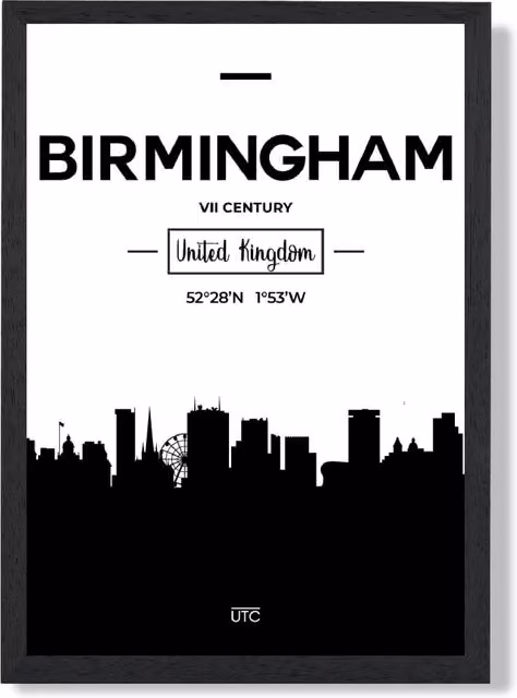 ARTZE Birmingham Black and White City Skyline Framed Print – 1