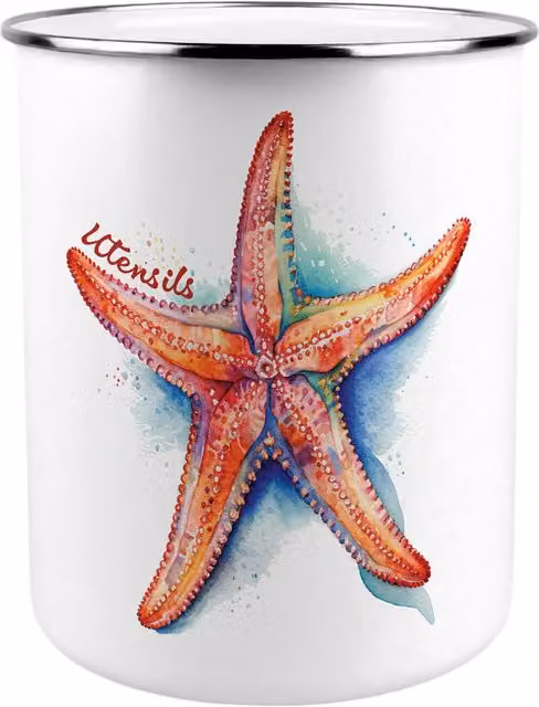Purely Home Starfish Kitchen Utensil Holder, Orange and White Metal Freestanding Design