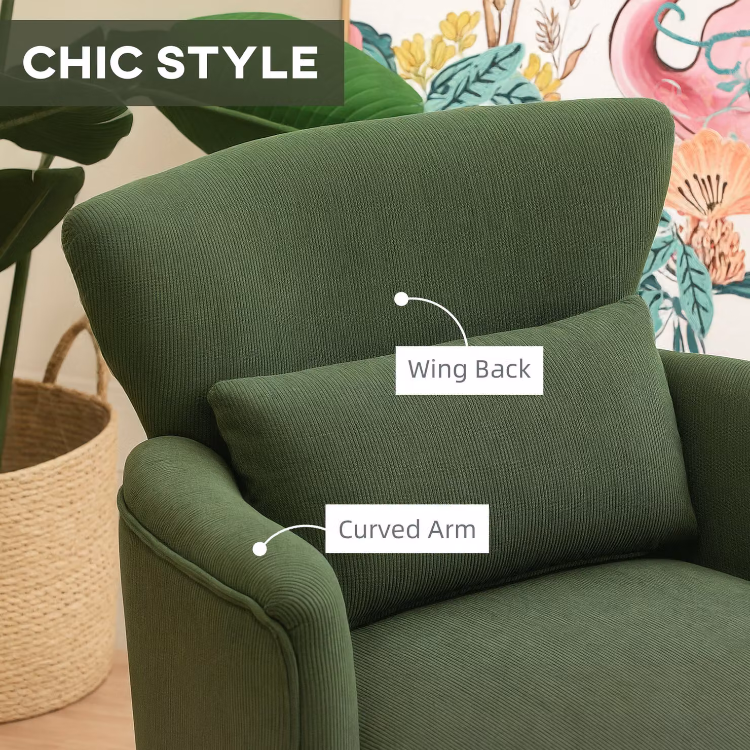 HOMCOM Retro Corduroy Accent Chair with Armrests in Green – 6