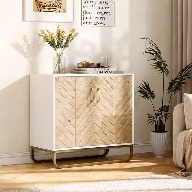 Komore White Wooden Door Cabinet with Gold Base