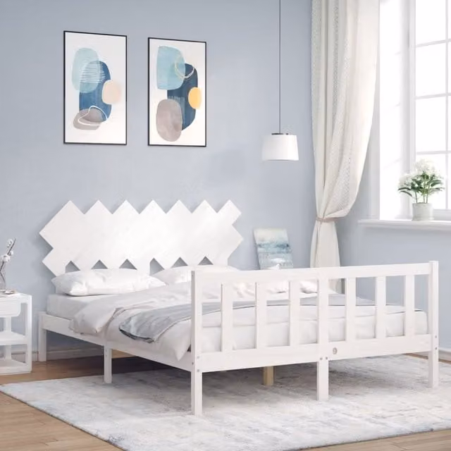 Berkfield Home Solid Wood Bed Frame with Headboard in White, W/D/H: 140 x 200 cm – 1