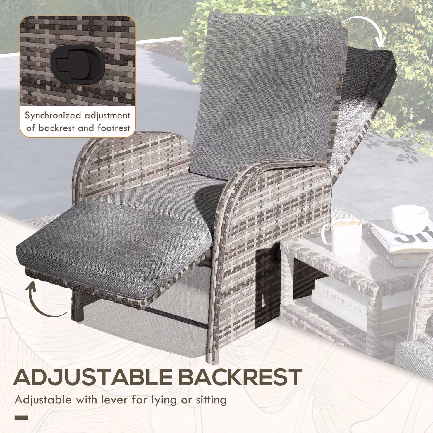Outsunny 2 Seater Rattan Wicker Chaise Lounge Sofa Set with Cushions in Grey – 4