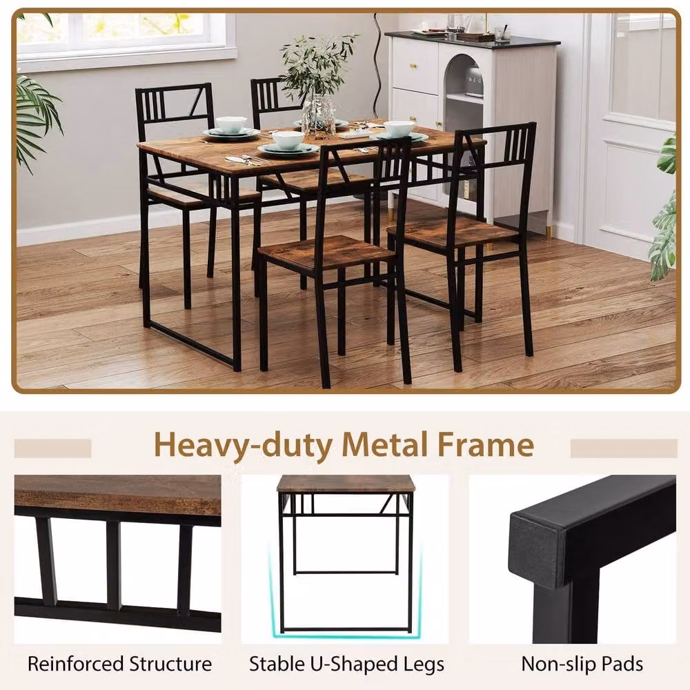 Costway 5 Piece Industrial Style Dining Table and 4 Chairs Set in Brown – 8