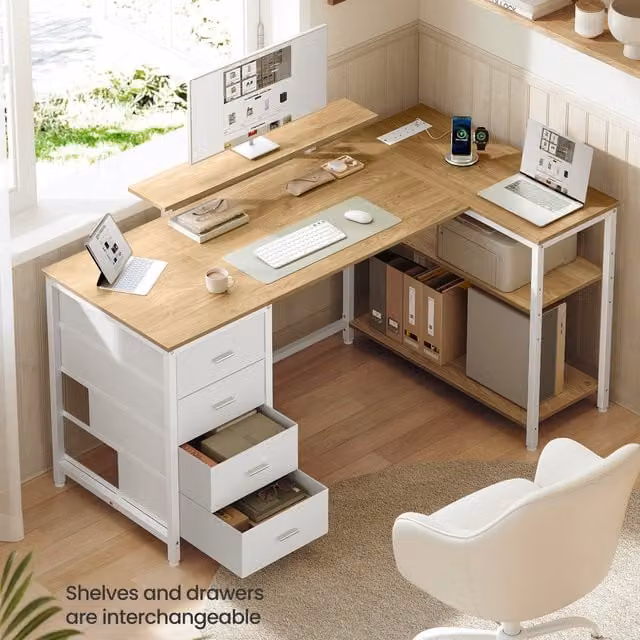 VASAGLE L Shaped Corner Desk with Drawer Unit in Natural Oak