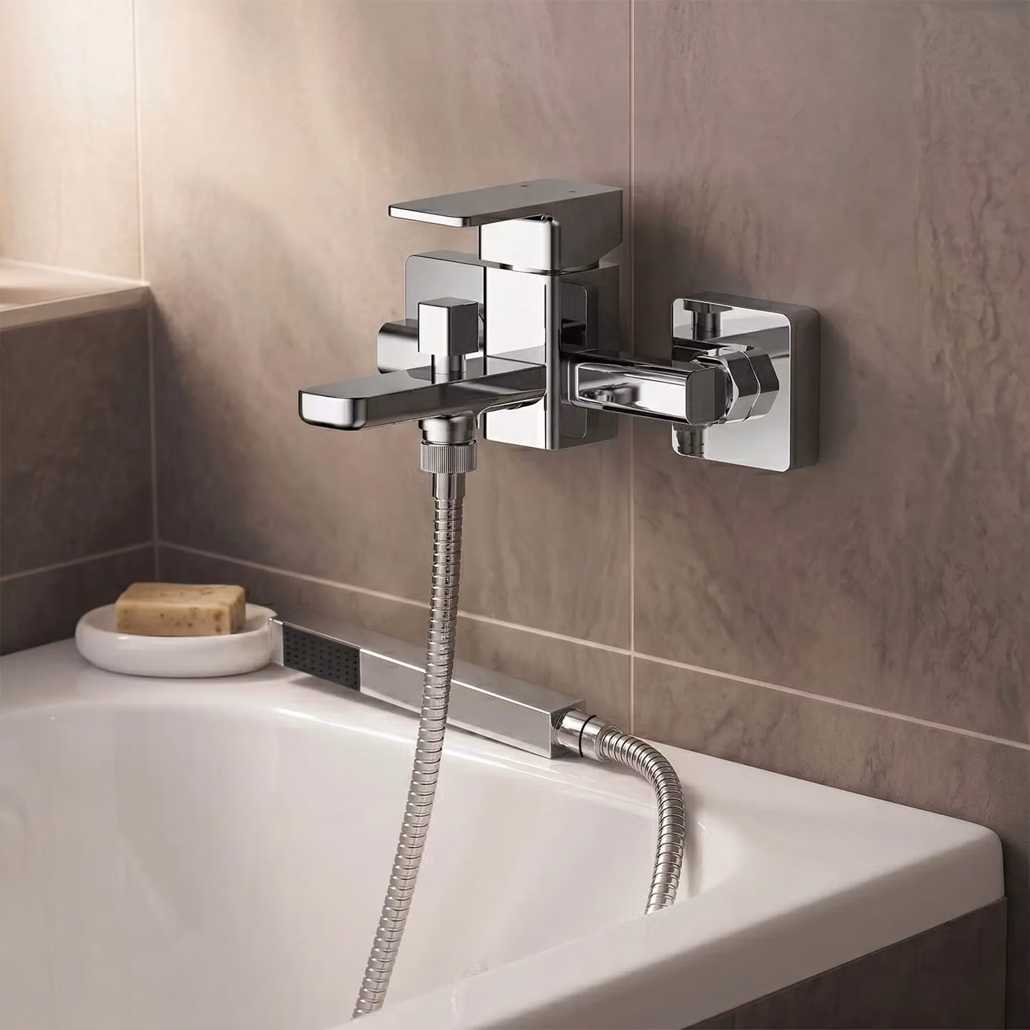 Balterley Wall Mounted Square Bath and Shower Mixer Tap with Shower Kit in Chrome Silver – 2