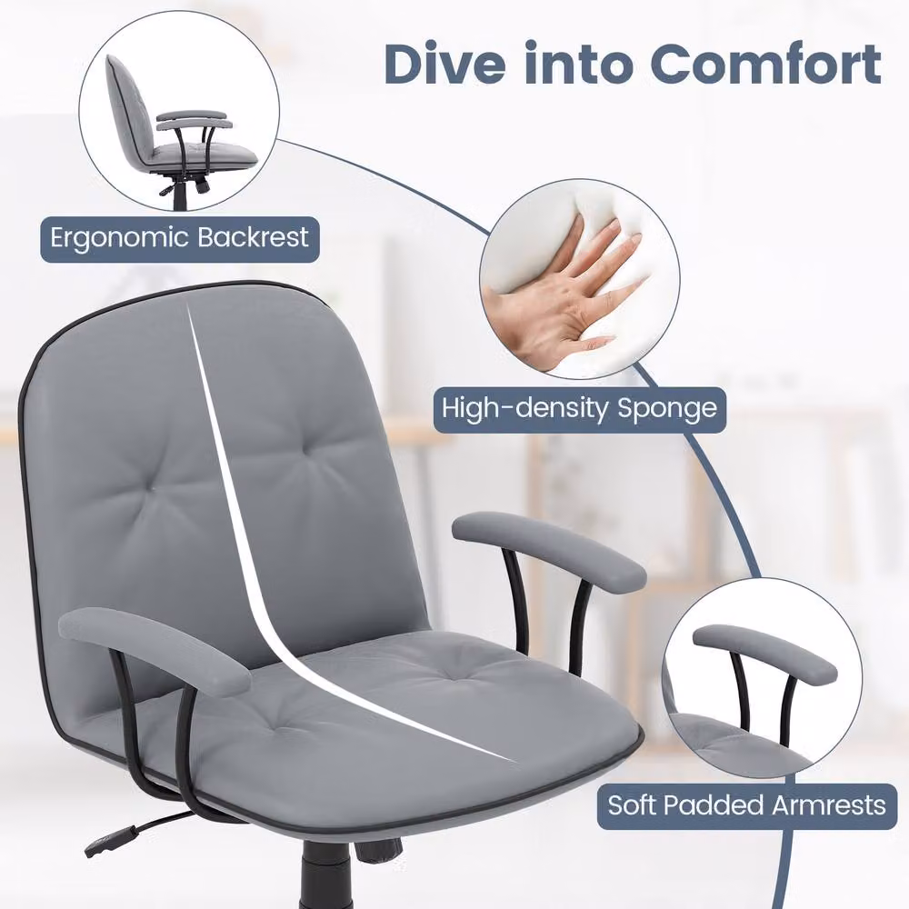 Costway Grey PU Leather Swivel Home Office Task Chair with Armrests and Castors – 4
