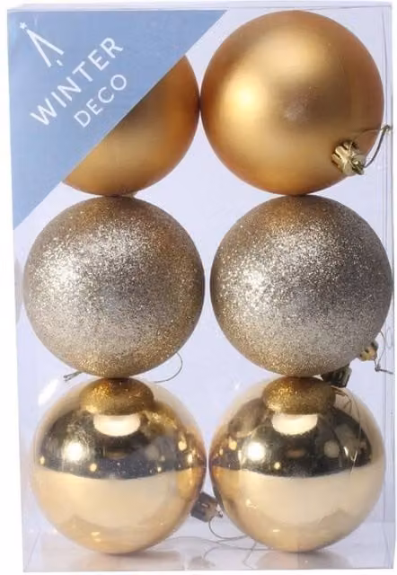 KDMD Gold Shatterproof Christmas Baubles, 2 Pack of 6 Round Hanging Ornaments, Diameter: 8 cm – 1
