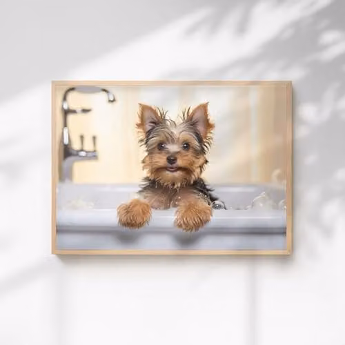60 Second Makeover Yorkshire Terrier In The Bath Quirky Animal Print Paper Poster, A3
