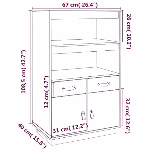 vidaXL Highboard in Honey Brown Solid Pine Wood, W: 67 cm, D: 40 cm, H: 108.5 cm – 3