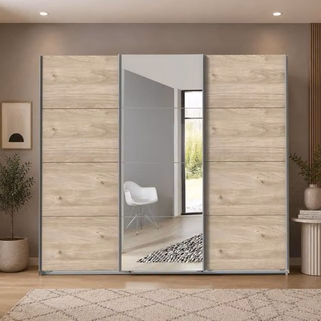 KDMD Ascot Hickory Oak 3 Door Sliding Wardrobe with Mirror in Brown, H 210 x W 270 x D 64 cm – 1