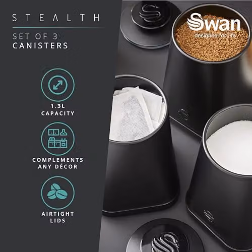 Swan Stealth Set of 3 Airtight Metal Storage Canisters in Black, 1.3 l – 2