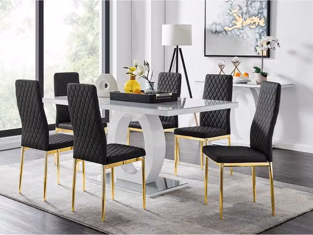 FurnitureboxUK Giovani Grey Dining Table with Six Black Faux Leather and Gold Leg Chairs