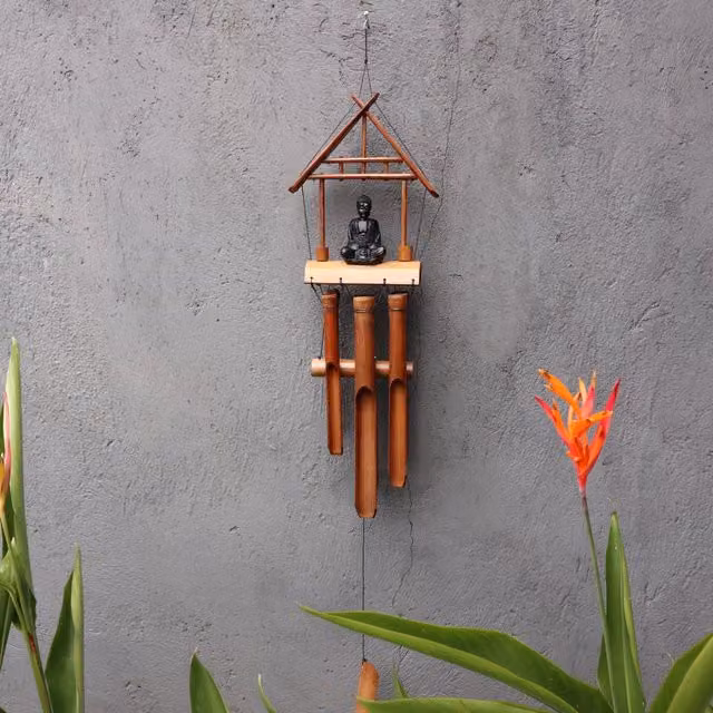 KDMK Handcrafted Bamboo Windchime with Black Buddha in Brown and Black Wood for Indoor and Outdoor Oriental Decor
