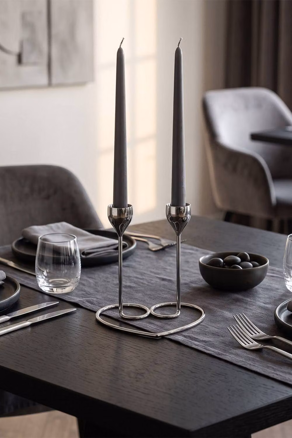 Homescapes Heart Candle Holder, Silver Toned Twin Dinner Candelabra, W/D/H: 21.0 x 21.0 x 18.0 cm – 3