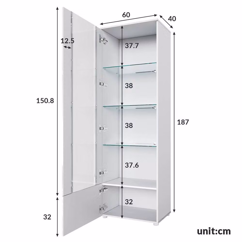 FLAVORA Modern White High Gloss Display Cabinet with Glass Doors and Integrated Lighting, H: 187 cm, W: 40 cm, D: 40 cm – 3
