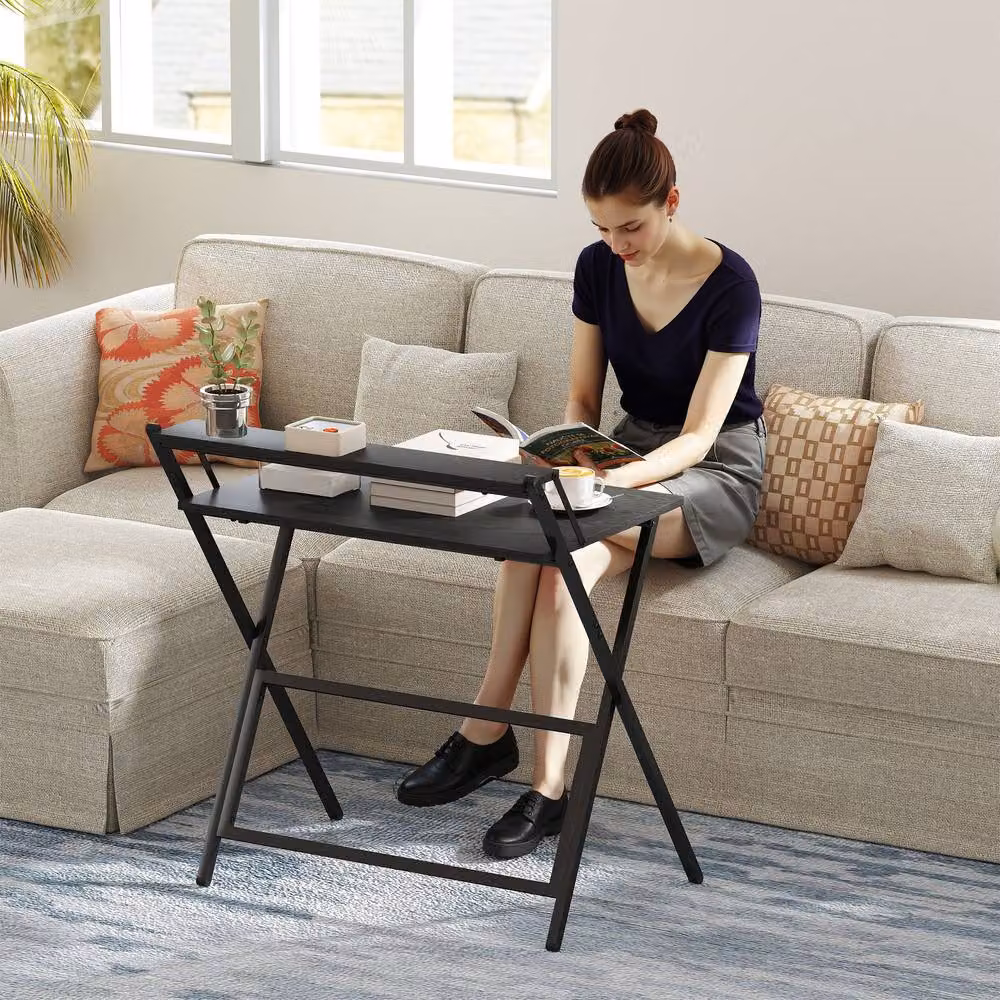 STILVORA Foldable Black Metal Desk with Monitor Shelf for Home Office – 9