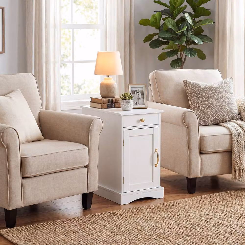Costway White End Table with Charging Station and Narrow Bedside Design – 3