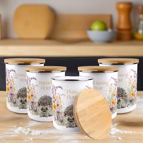 Purely Home Floral Hedgehog Gluten-Free Flour Storage Canister, 2.7 l, Multicolour Enamel Kitchen Tin – 2