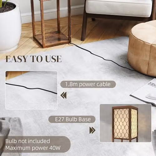 HOMCOM Rustic Brown Floor Lamp with 3 Wood Shelves and Fabric Lampshade – 5