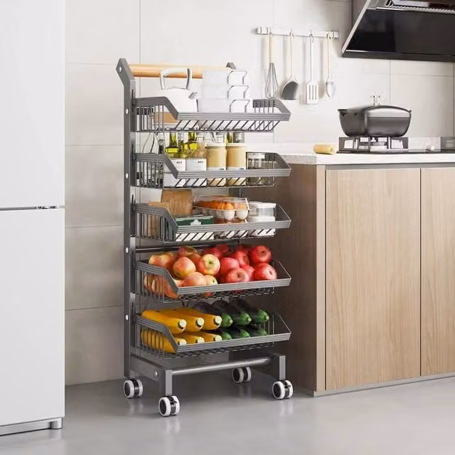 VOGREX 4-Tier Heavy Duty Steel Rolling Kitchen Storage Rack with Adjustable Shelves in Silver – 1