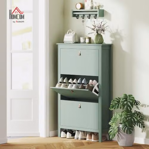 HOMCOM Modern 3 Drawer Shoe Cabinet with Tilting Compartments and Hinged Doors in Green, W/D/H: 80 x 24 x 131 cm – 3