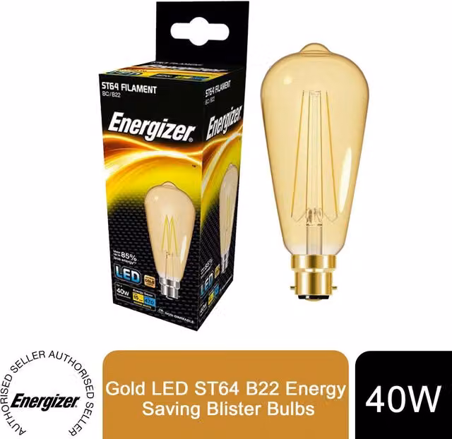 Energizer Filament Gold LED ST64 B22 Globe Bulb, White and Gold/Brass, Dimmable, Vintage Glass