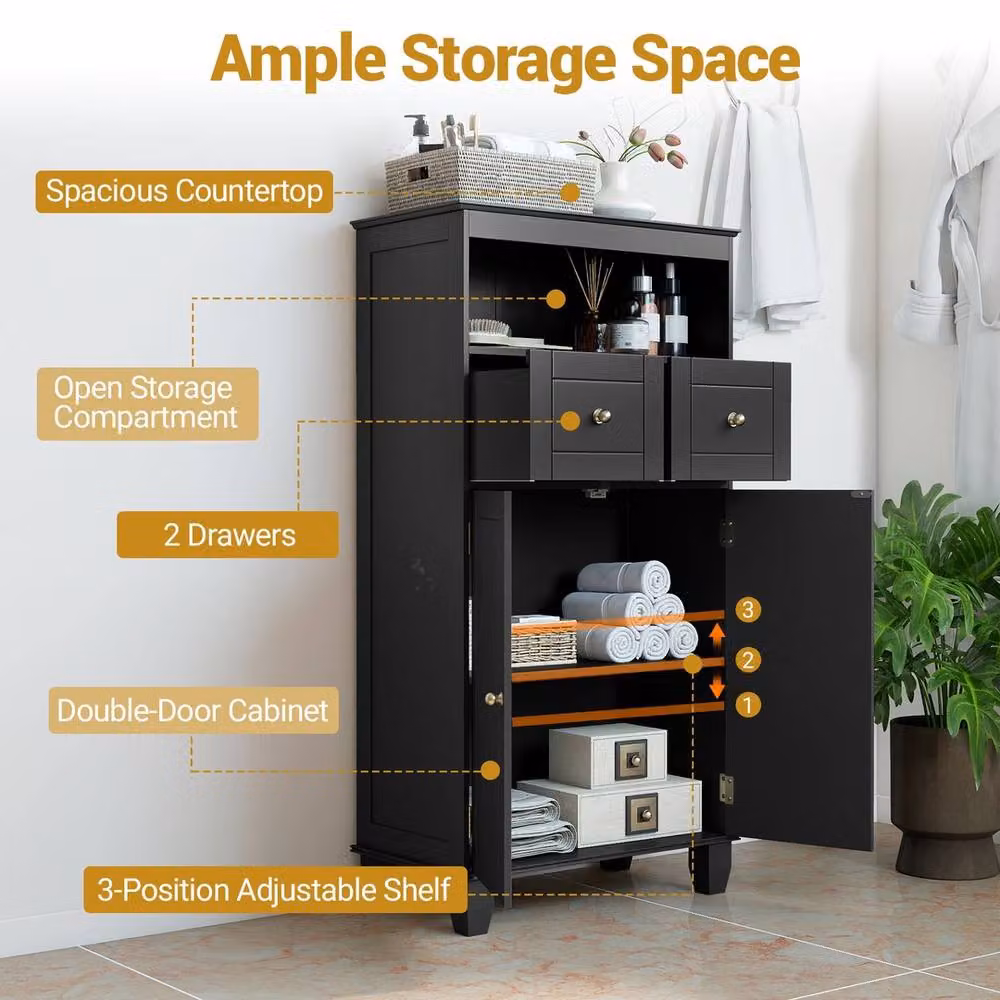 VOGREX Black Matt Freestanding Pine Wood Bathroom and Living Room Floor Storage Cabinet with Internal Shelves and Hinged Doors – 3