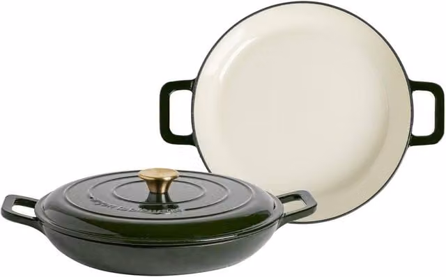 Argon Tableware 2x Shallow Cast Iron Casserole Dishes with Self-Basting Lid, 2.3L, Green – 1