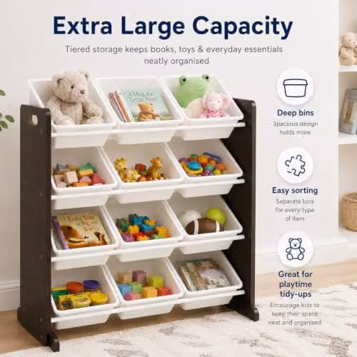 LOVETRENDS Kids Wooden Toy Storage Organiser with 12 Bins, Espresso Brown and White – 4