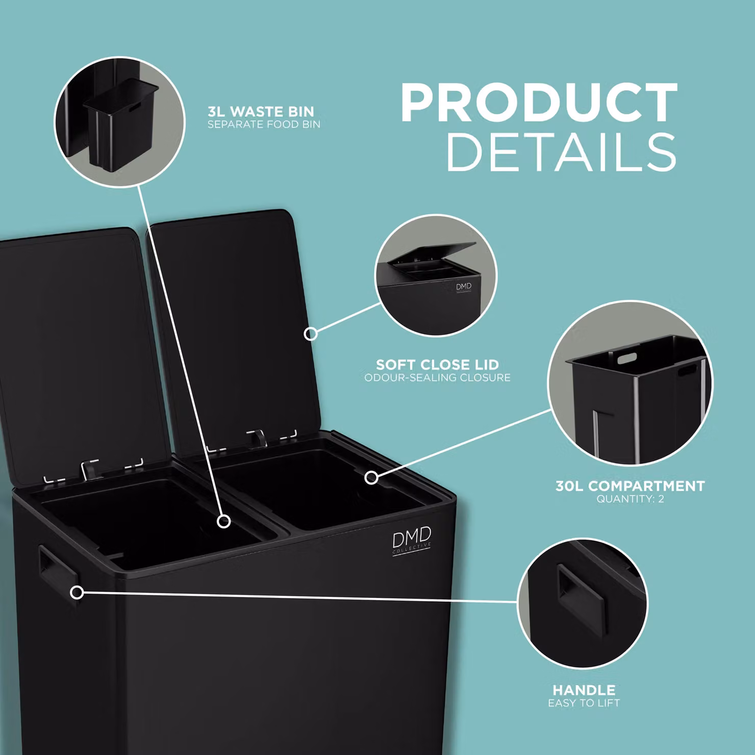 DMD Collective 60L Stainless Steel Double Kitchen Waste and Recycling Bin with Soft Close and Fingerprint Proof Finish in Black – 4
