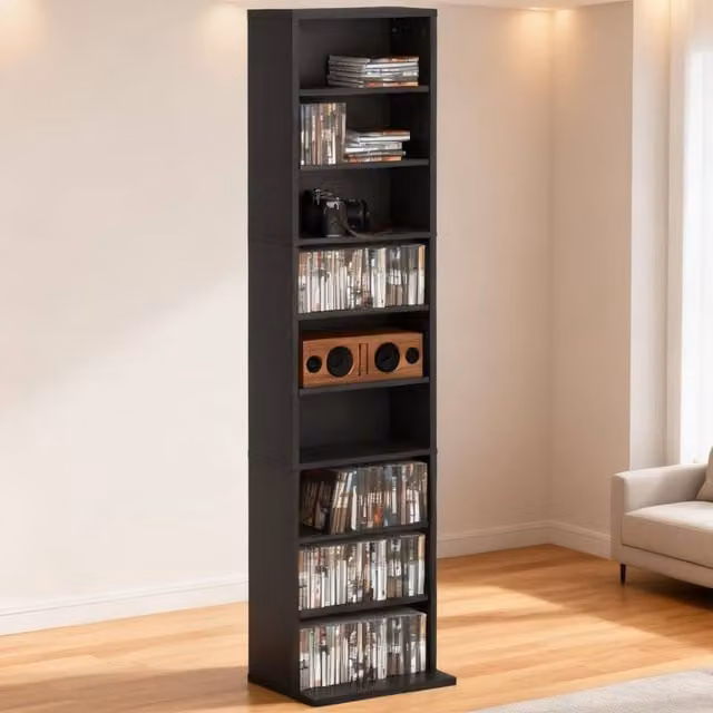 ERGOVEXA Black Narrow CD Storage Unit with Adjustable Shelves and Media Compartments, W/D/H: 24.0 x 15.0 x 140.0 cm