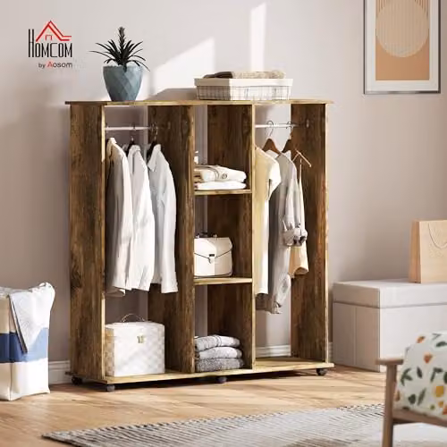 HOMCOM Double Open Mobile Wardrobe with Clothes Hanging Rails in Rustic Brown, W/D/H: 120 x 40 x 128 cm – 2