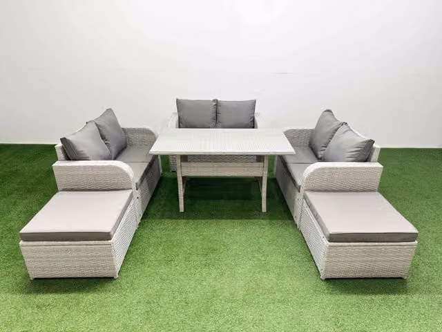 Fimous 8 Seater PE Wicker Rattan Garden Furniture Set in Light Grey with Rectangular Dining Table, 2 Seater Love Sofa and 2 Large Footstools