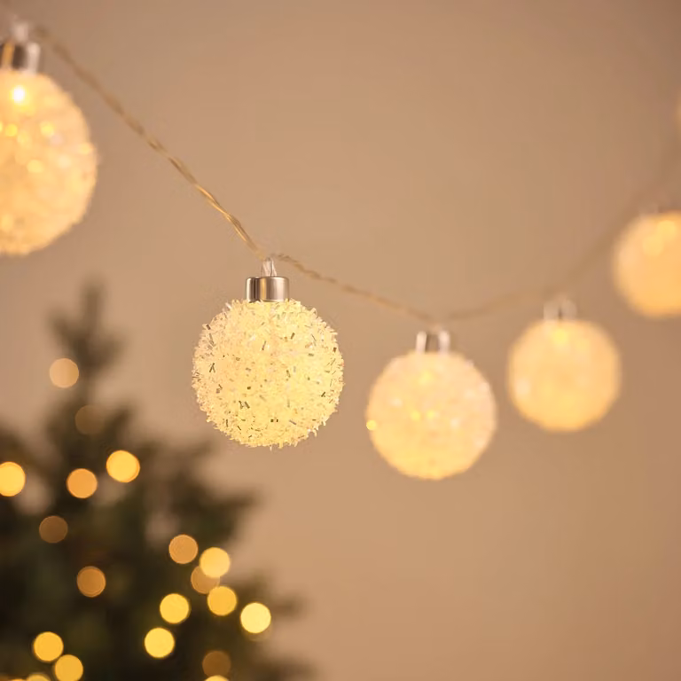 10 Frosty Snowball Warm White LED Bauble Fairy Lights with Timer in Transparent and White